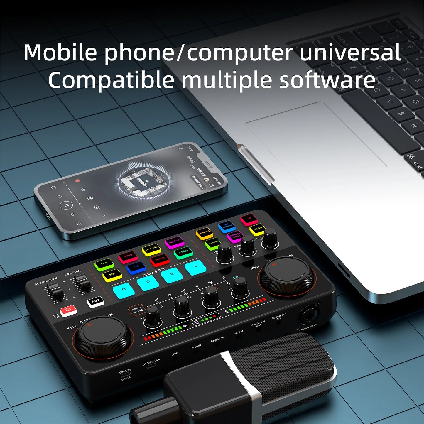12 Electronic Tone Sound Card Audio 48V Power Supply for Live Streaming Recording Interface Podcast Studio For Youtube PC\Phone